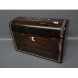 Victorian Coromandel and bone inlaid dome topped box with shot silk and leather lined interior,