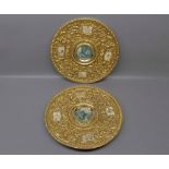 Heavy pair of mid-20th century Renaissance style circular wall hanging plaques with inset marble