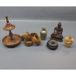 Mixed Lot: four Tunbridge Ware napkin rings, further carved model of a Buddha and further stand (