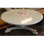 Extremely large Victorian style circular painted pedestal dining table, with central floral