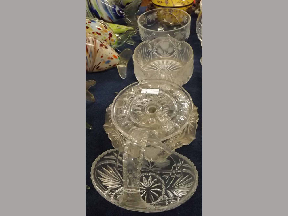 Group of 20th century cut glass wares to include two shaped bowls, clear glass comport on stand,