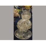 Group of 20th century cut glass wares to include two shaped bowls, clear glass comport on stand,