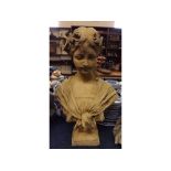 Composition sandstone coloured bust of young girl with floral garland, 18ins tall