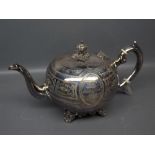 Victorian silver plated teapot of compressed spherical form with cast base, Arabesque and foliate