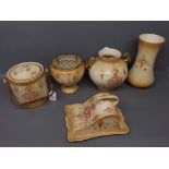 Group of five Crown Devon wares to include shaped butter dish, cylindrical biscuit barrel with