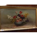 C R, monogrammed, pair of oils on canvas, Still life studies of flowers in a bowl, 12 x 23ins and 14