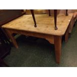 19th century French pine kitchen table, fitted with two drawers with cast cup handles, supported