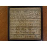 Early 19th century wool work sampler inscribed "Sarah Hetty Hawkins's work - finished Septr 19,