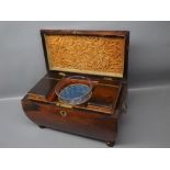 Late 19th century rosewood fitted tea caddy of rounded sarcophagus form with hinged cover and