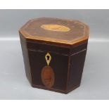 Sheraton period mahogany tea caddy of elongated octagonal form, the top and front with shell