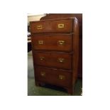 Modern oak framed and mahogany campaign type chest, brass bound corners and leather inset top with