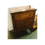 19th century Continental side cabinet, the cross-banded and marquetry inlaid top decorated with a