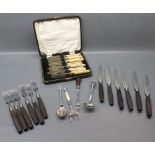 Box: mixed silver plated flat wares to include cased set of bone-handled fish servers, together with
