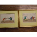 Pair of 19th century hand coloured engravings, Fencing scenes, 6 x 9ins (2)