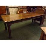 Late 19th century mahogany refectory type table, the plank top with moulded edge on four carved