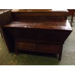 18th century elm converted dough bin with drop front, two drawers with peg style handles, 49ins x 21