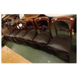 Set of six 19th century mahogany dining chairs, with carved bar back and brown rexine upholstered