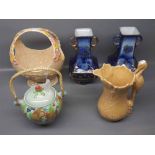 Clarice Cliff "Late" tea pot, further Arthur Wood "Garden Wall" basket, pair of decorative vases and