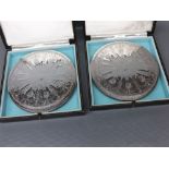 Set of six modern hallmarked silver large coasters on plush stands, 6 1/2 ins diam