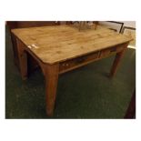 19th century French pine kitchen table, fitted with two drawers with cast cup handles, supported