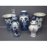 Collection of five various Delft blue and white vases and containers (two with covers), conditions