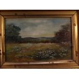 Indistinctly signed and dated 1910 lower left, oil on board, Landscape, 4 x 5 1/2 ins