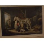 Frank Sternberg, signed in pencil to margin, coloured aquatint, Stable interior with figures,