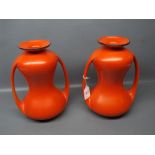 Pair of Shelley double gourd shaped orange two-handled baluster vases, 10ins high
