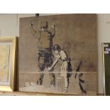 After Banksy, two prints on canvas, 22 x 22 ins and 30 x 30 ins, both unframed (2)