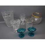 Pair of blue-green glass pedestal dishes, various other glass vases and jardini res etc (7)