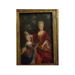 Unsigned, oil on board, Two young women in Louis XV Court Style Dresses, 5 x 7 1/2 ins