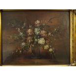 Indistinctly signed modern oil, Still life study of flowers in a vase, 7 1/2 x 9ins