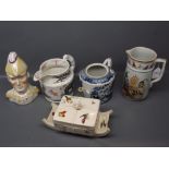 Mixed Lot: Staffordshire "Wellington" container a/f, Chinese tea pot a/f, Menageries jug a/f,