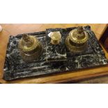 19th century French green variegated marble inkstand of rectangular form set with two cast brass