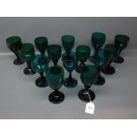 Collection of various green glass stemmed drinking glasses etc (14)
