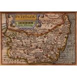 P VAN DEN KEERE: SUFFOLCK, engraved hand coloured map circa 1627, approx 85 x 120mm framed and