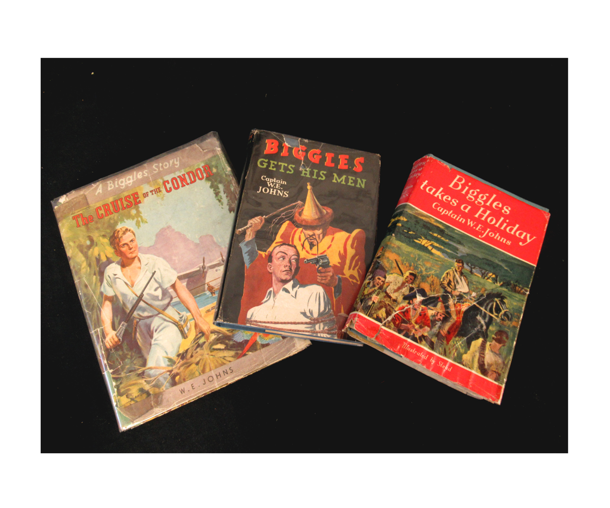 W E JOHNS: 3 titles: BIGGLES TAKES A HOLIDAY, 1949, 1st edition, original cloth, dust-wrapper (