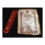 GUILDHALL BANQUET 5TH MAY 1995, printed coloured menu on fabric highlighted in gilt to commemorate