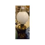 Victorian brass oil lamp, with opaque shade, 20ins tall