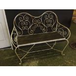 Modern white wirework two seater garden bench with slatted seat and with scrolling details, 46ins