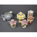Mixed Lot: decorative jug, pair of floral candlesticks, container, seated figure etc
