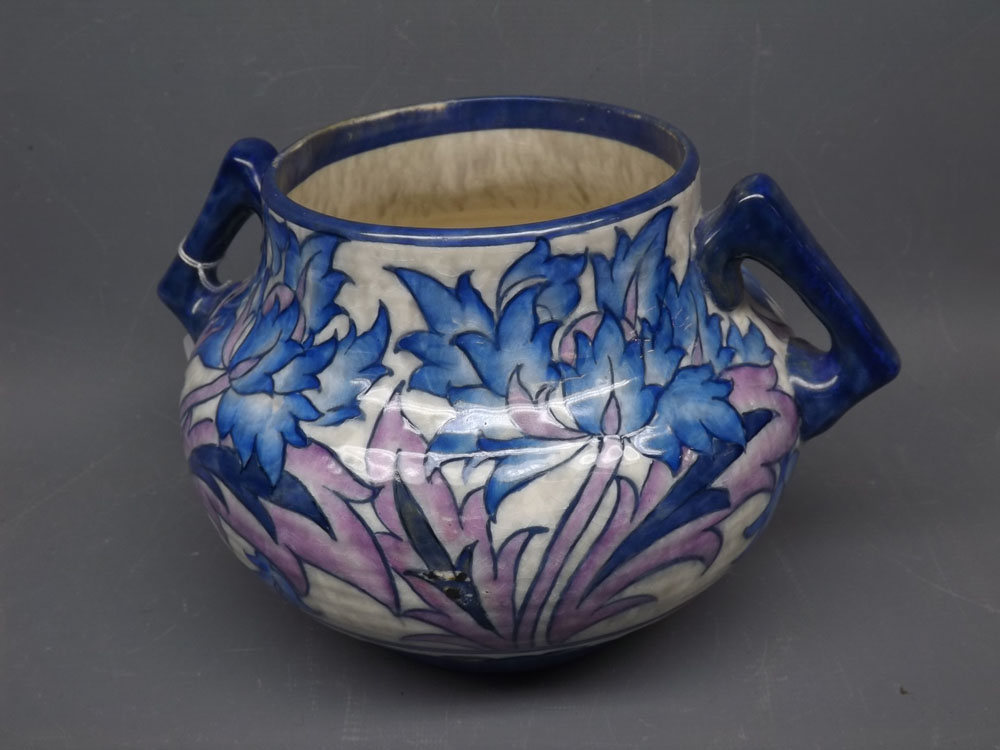 Charlotte Rhead Crown Ducal two-handled vase, Shape No 148, decorated in the blue peony with printed