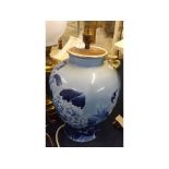 Late 20th century Chinese blue and white printed lamp, with floral decoration, of bulbous form,