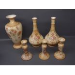 Group of six Crown Fieldings wares comprising three single candlesticks, a pair of bulbous vases