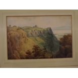 Attributed to Joseph Powell, watercolour, Moorland scene with a distant view of the sea, 5 x 7 1/2