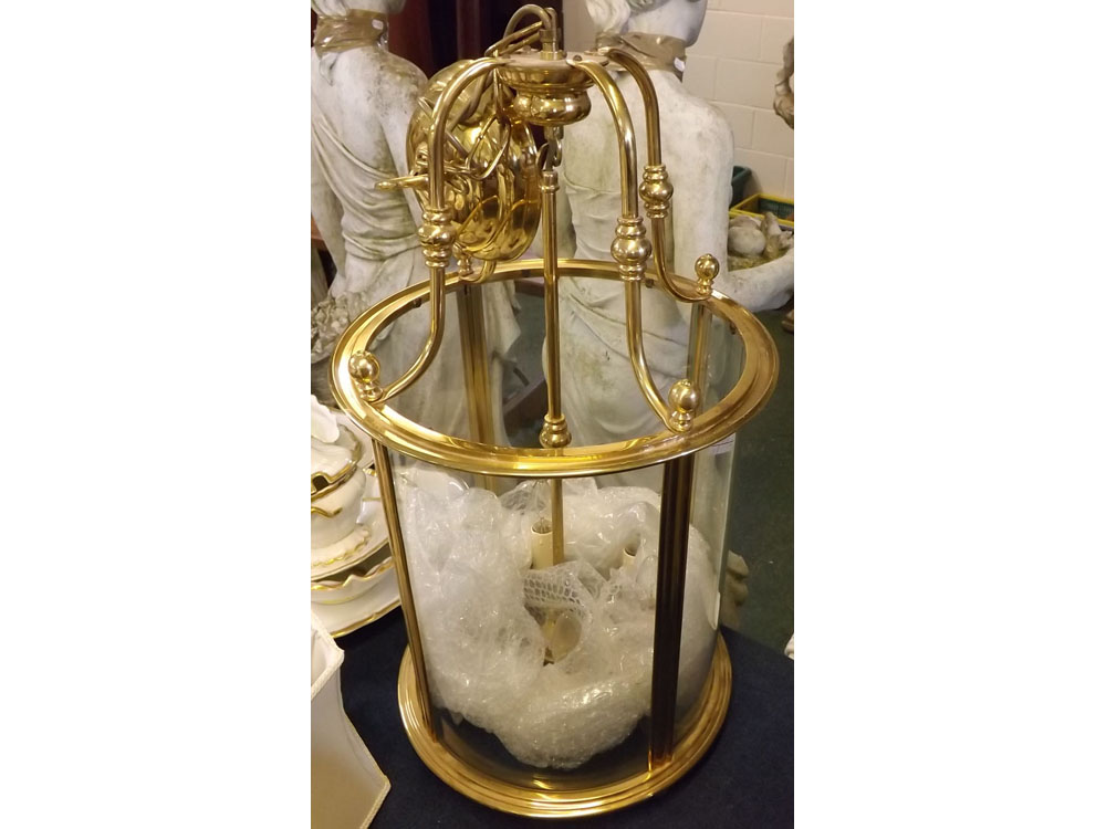 Modern brass circular four glass lantern, 16ins diameter x 30ins high