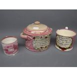 Group of mixed Sunderland Lustre Wares, to include two-handled pot and cover with inscription and