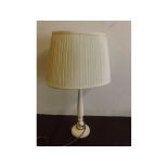 Modern white painted electric lamp with turned column and ribbed cream shade, 27ins tall