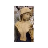 Modern composition sandstone coloured bust of a young girl, wearing bonnet, 25ins tall