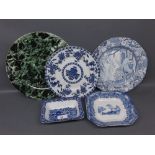 George Jones Abbey rectangular dish; together with further blue and white Athena Bisto square formed